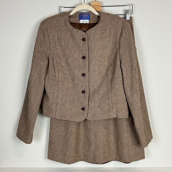 Vintage Pendleton Brown Wool Blazer & Midi Skirt Suit Set S - Picture 1 of 16